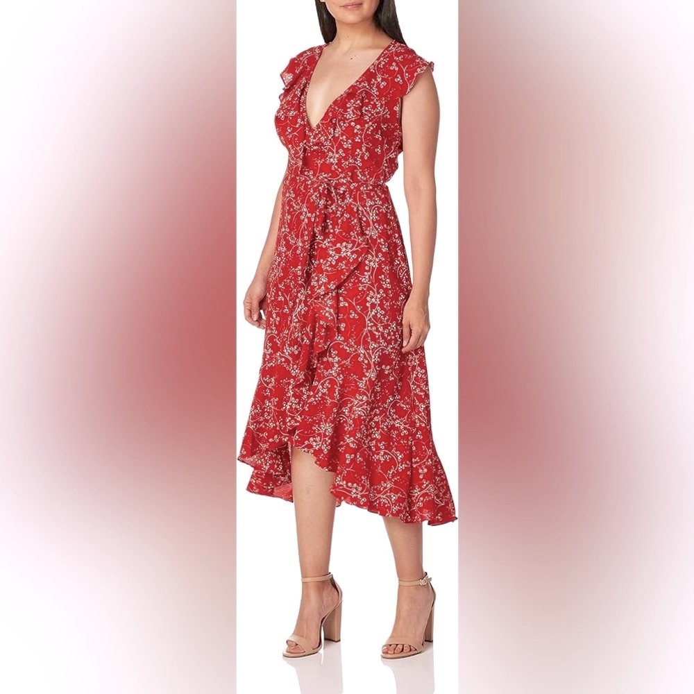 MAX STUDIO Red Floral V-Neck Ruffle
Midi Wrap Dress Size M